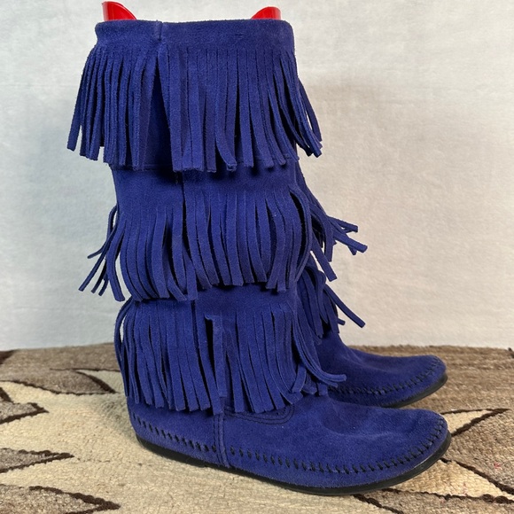 Minnetonka blue moccasin boot tall fringe winter suede leather Native - Picture 7 of 12